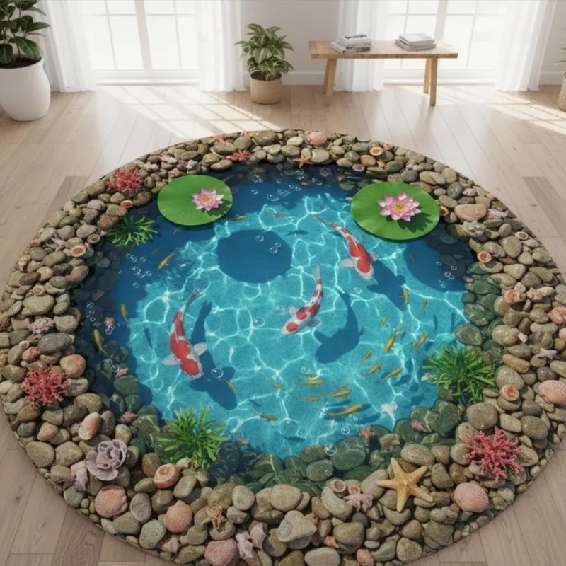 2D Visual Koi Fish Pond Round  - Home Goods Bathroom Rugs บทวิจารณ์และราคา