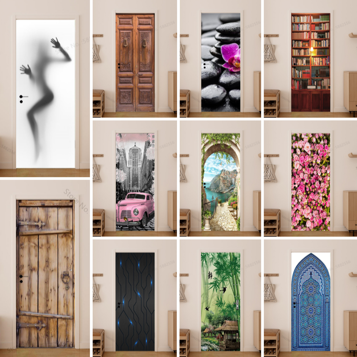 Girl Shadow Wooden Doors Vinyl - Home Bathroom Wallpaper บทวิจารณ์และราคา